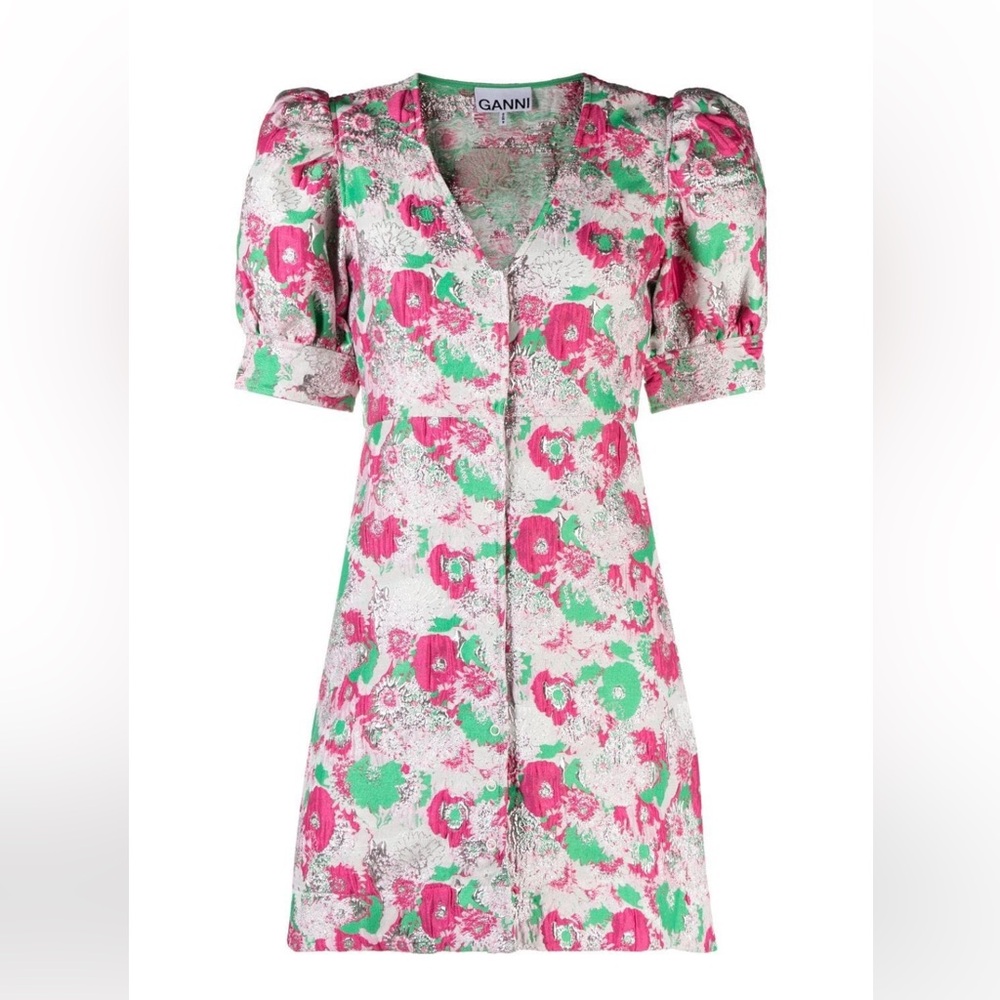 Ganni Pink & Green Floral Puff-Sleeve Mini Dress